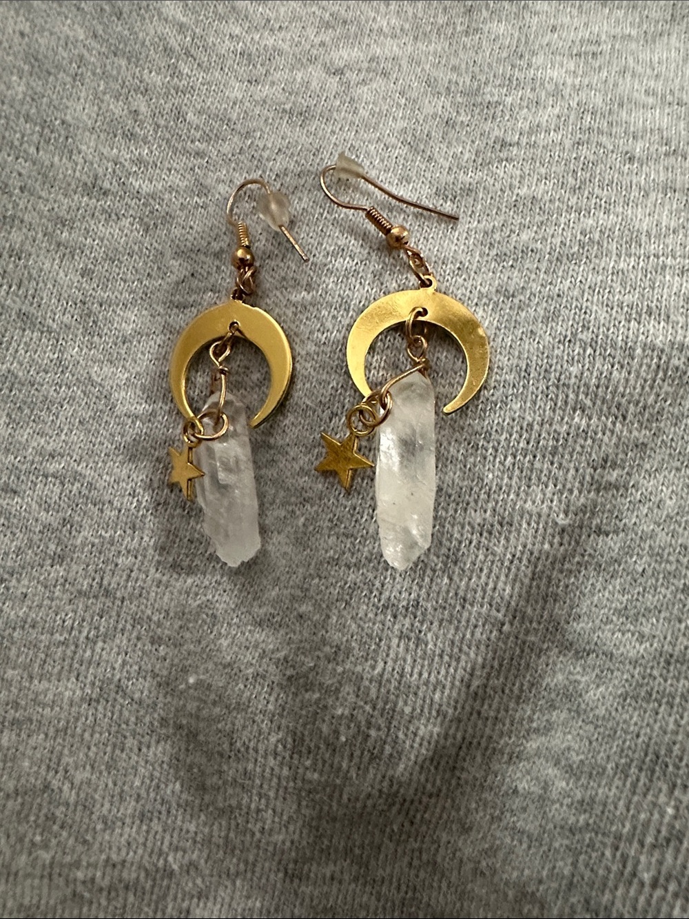 Gold Crescent Moon Crystal Dangle Earrings